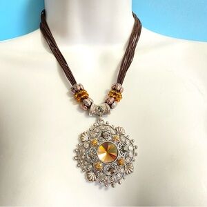 Medallion Silver Tone Pendant Rhinestones Necklace